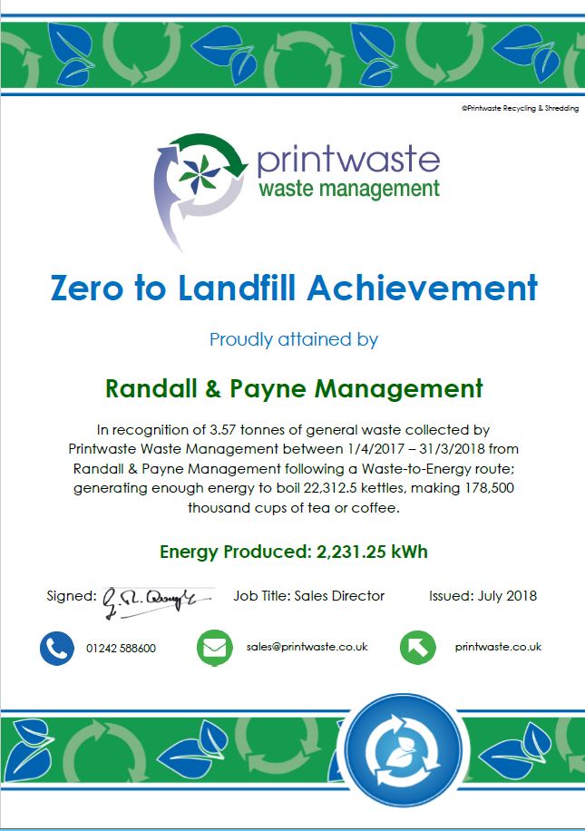 Randall & Payne Accountants Cheltenham annual zero waste to landfill certificate July 2018