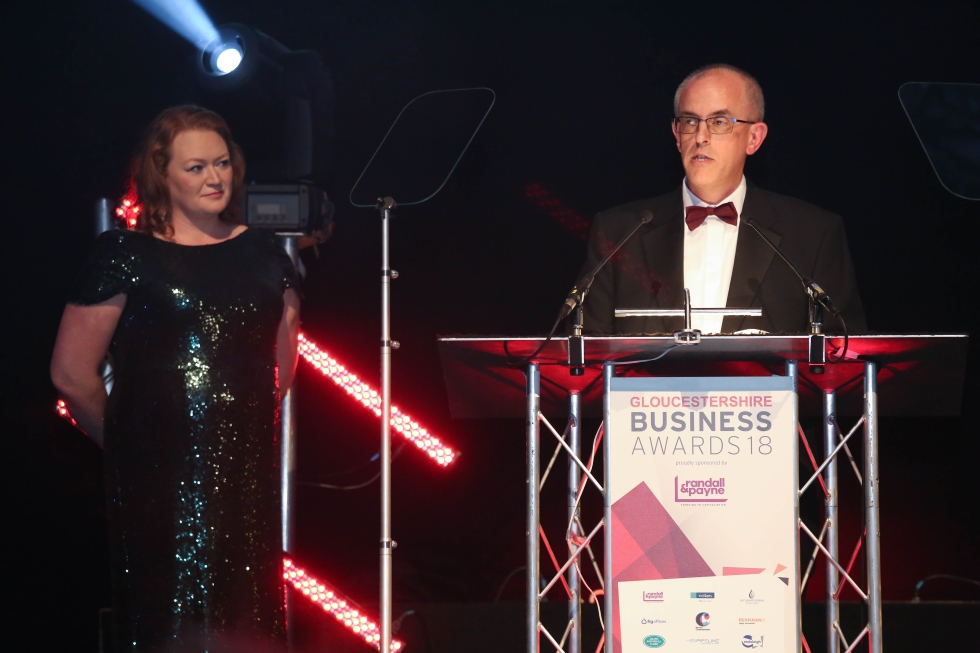 Tim Watkins managing partner Randall & Payne Accountants welcome speech at the Gloucestershire Business Awards 2018 with Rachael Sugden of Gloucestershire Media