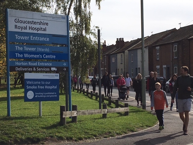Photo of walkers arriving at the Gloucestershire Royal Hospital 