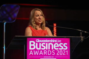 Faye Hatcher introducing Scoo-B-Doo video at the Gloucestershire Live Business Awards 2021