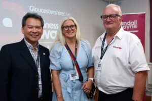 Chun Kong for Maggies, with Sarah Pullen from Reach and Ian Mean of Business West at the Finalists evening hosted by Randall & Payne for the Gloucestershire Live Business Awards 2023