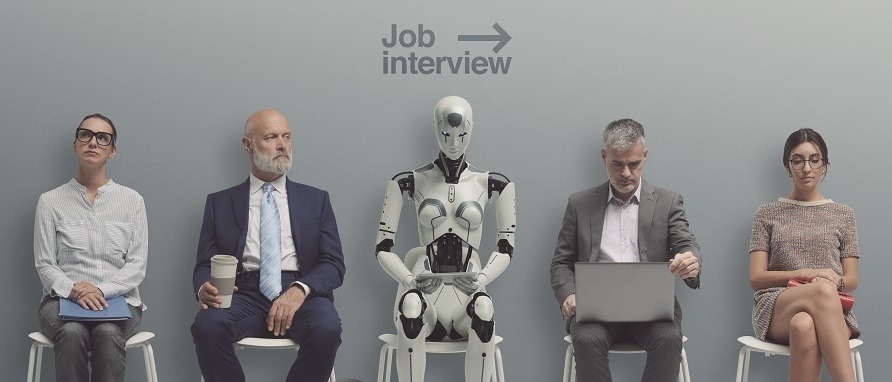 Image of panel for interview with robot in the centre to represent Artificial Intelligence in the workplace | Randall & Payne
