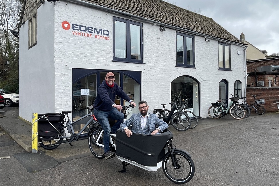 Dan Radford of Edemo Electric Bikes with Shaun Pegler of Randall & Payne outside Showroom in Nailsworth
